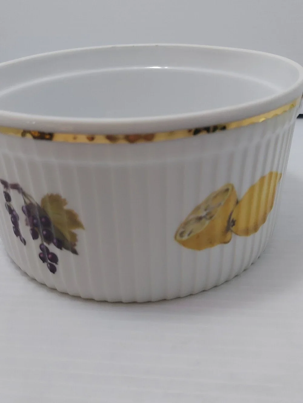 Royal Worcester Evesham White Porcelain Souffle Dish with Green and Gold Accents